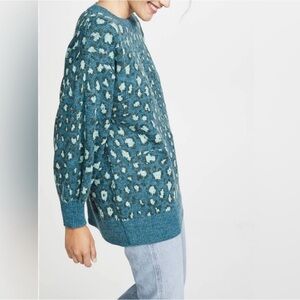 FARM Rio Teal Leopard Print Crewneck Sweater Balloon Sleeves Size Small NWOT!